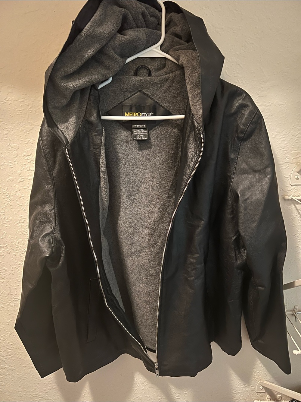 Metro-Style Black Leather Hooded Jacket with Gray Lining